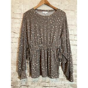 Cerule Top Womens Large Brown Leopard Cheetah Cinched Dolman Sleeve Tie Waist